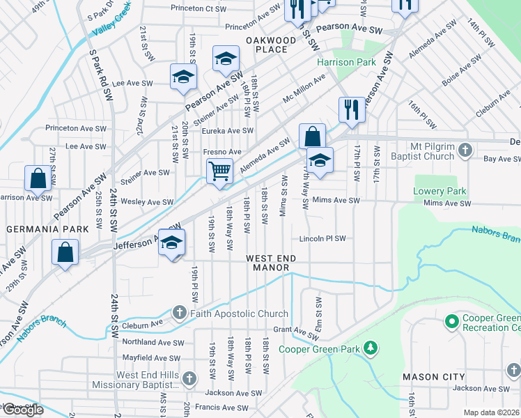 map of restaurants, bars, coffee shops, grocery stores, and more near 1245 18th Street Southwest in Birmingham