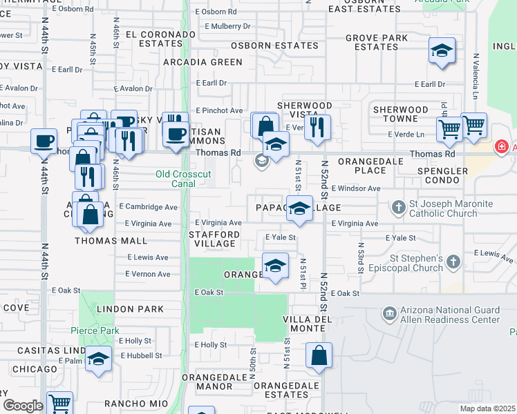 map of restaurants, bars, coffee shops, grocery stores, and more near 2618 North 50th Street in Phoenix