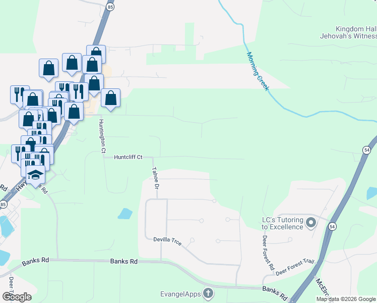 map of restaurants, bars, coffee shops, grocery stores, and more near 210 Huntcliff Court in Fayetteville