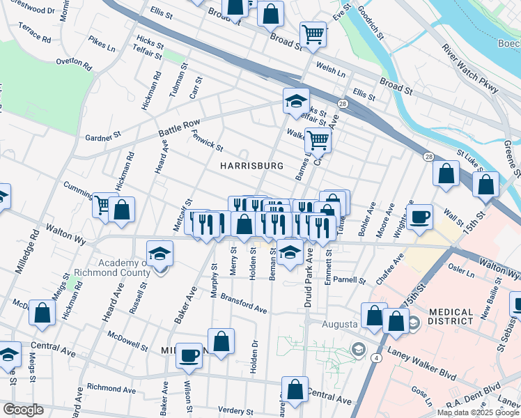 map of restaurants, bars, coffee shops, grocery stores, and more near 1845 Warren Street in Augusta
