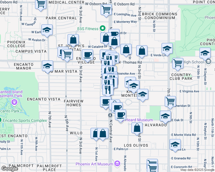 map of restaurants, bars, coffee shops, grocery stores, and more near 2600 North Central Avenue in Phoenix