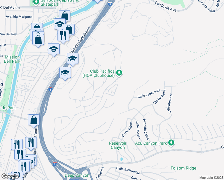 map of restaurants, bars, coffee shops, grocery stores, and more near Paseo el Lazo in San Juan Capistrano