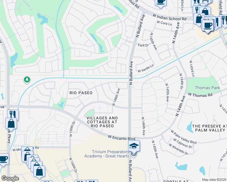 map of restaurants, bars, coffee shops, grocery stores, and more near 14796 West Roanoke Avenue in Goodyear