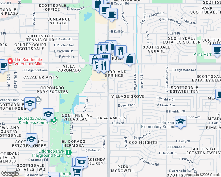 map of restaurants, bars, coffee shops, grocery stores, and more near 2601 North Hayden Road in Scottsdale