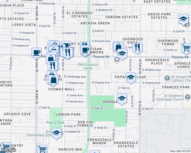 map of restaurants, bars, coffee shops, grocery stores, and more near 4840 East Virginia Avenue in Phoenix
