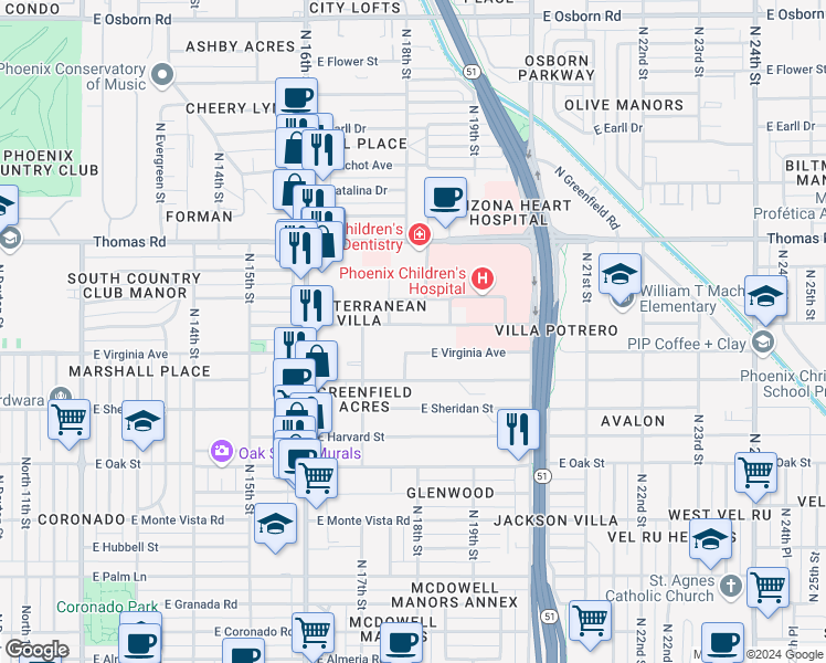 map of restaurants, bars, coffee shops, grocery stores, and more near 1736 East Virginia Avenue in Phoenix