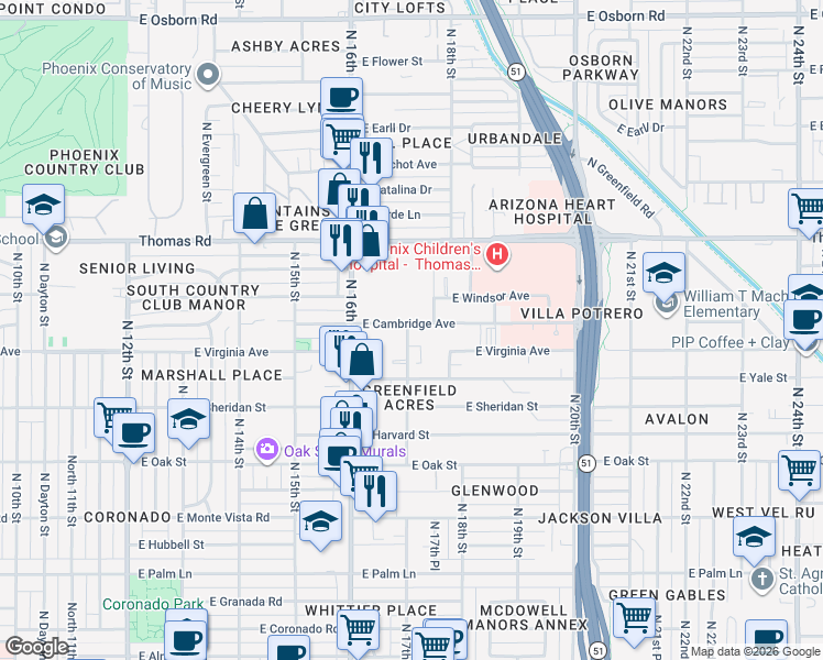 map of restaurants, bars, coffee shops, grocery stores, and more near 2630 North 17th Street in Phoenix