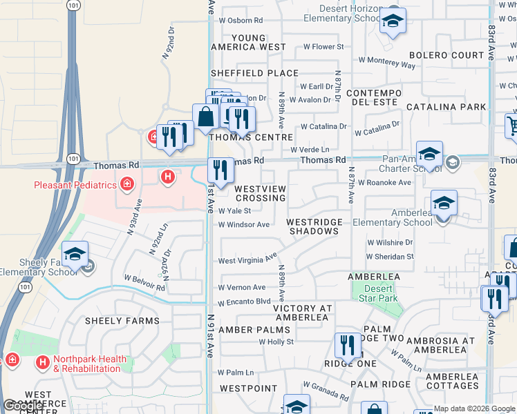 map of restaurants, bars, coffee shops, grocery stores, and more near 9015 West Yale Street in Phoenix