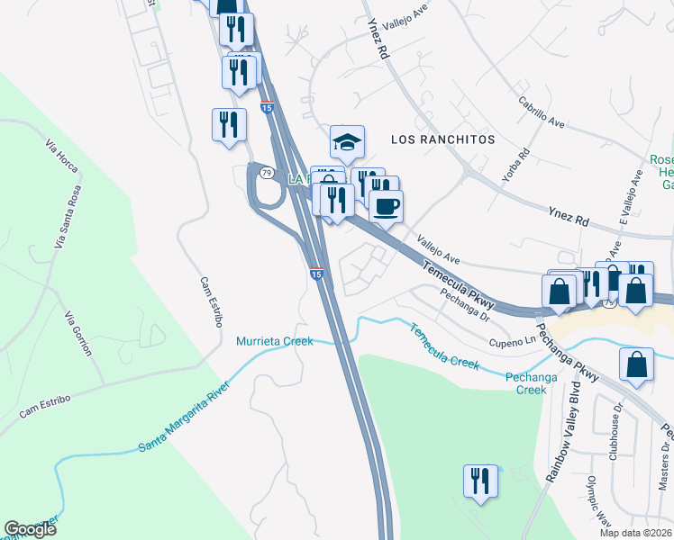 map of restaurants, bars, coffee shops, grocery stores, and more near 44705 La Paz Road in Temecula
