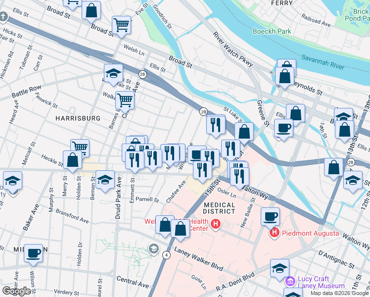 map of restaurants, bars, coffee shops, grocery stores, and more near 1561 1/2 Fenwick Street in Augusta