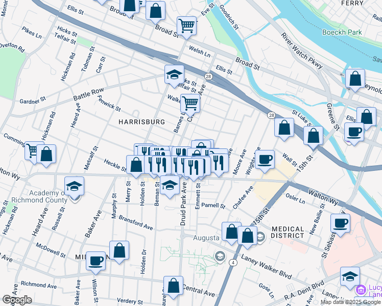 map of restaurants, bars, coffee shops, grocery stores, and more near 1735 Jenkins Street in Augusta