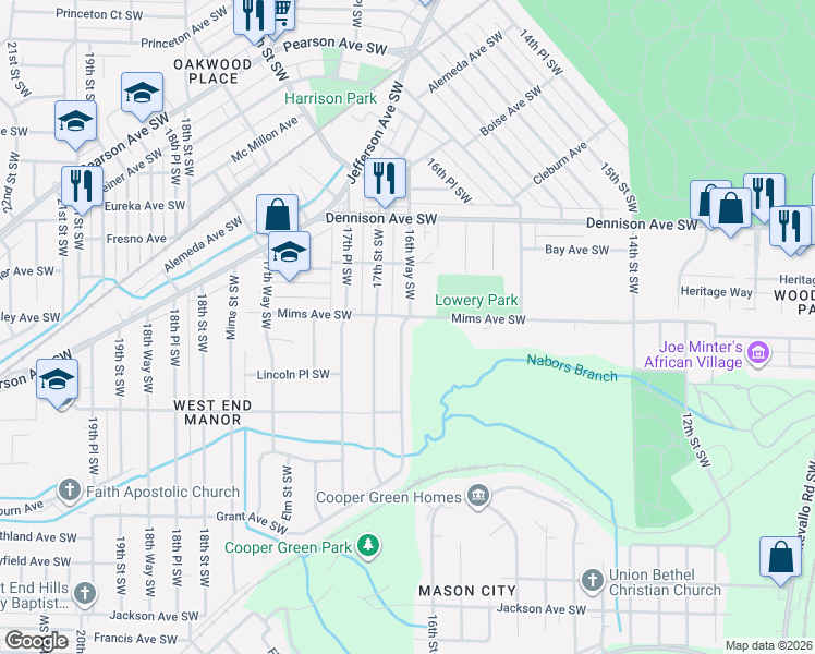 map of restaurants, bars, coffee shops, grocery stores, and more near 1504 16th Way Southwest in Birmingham