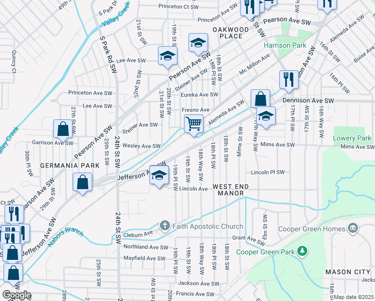 map of restaurants, bars, coffee shops, grocery stores, and more near 1905 Jefferson Avenue Southwest in Birmingham