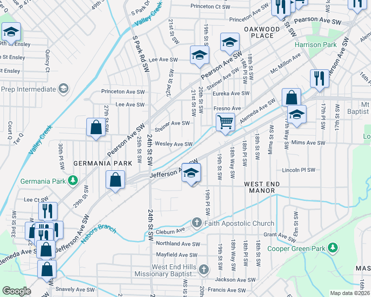 map of restaurants, bars, coffee shops, grocery stores, and more near 2201 Wesley Avenue Southwest in Birmingham