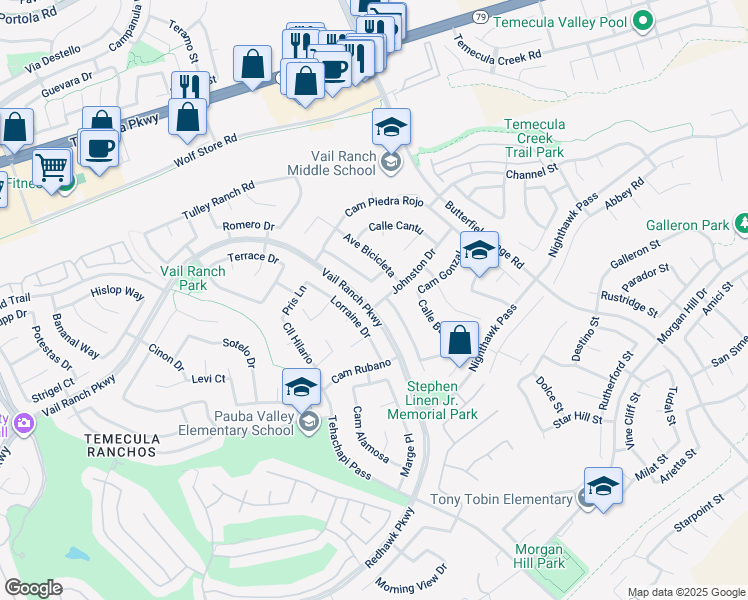 map of restaurants, bars, coffee shops, grocery stores, and more near 44743 Johnston Drive in Temecula