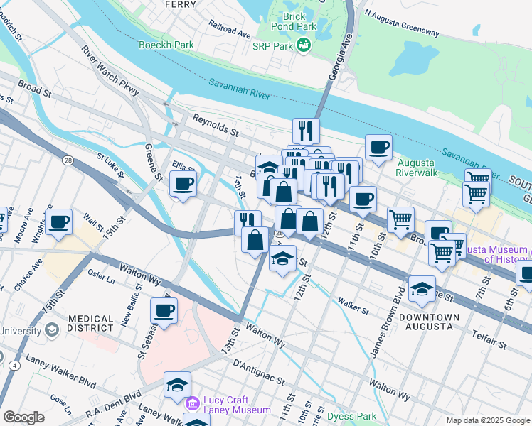 map of restaurants, bars, coffee shops, grocery stores, and more near 1325 Greene Street in Augusta