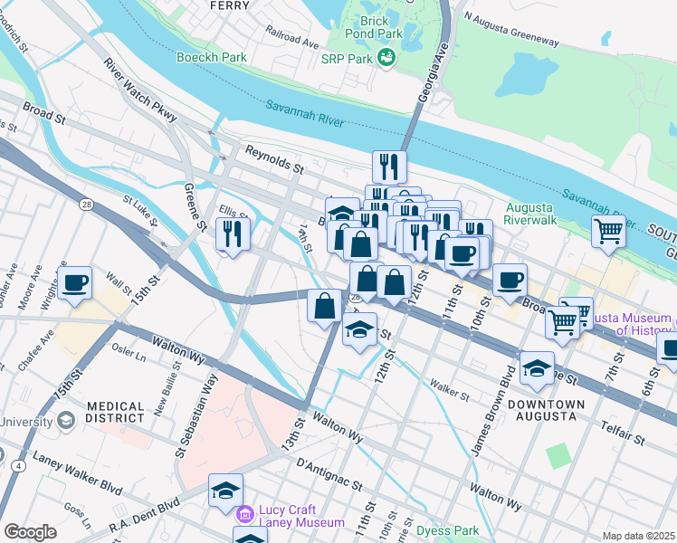 map of restaurants, bars, coffee shops, grocery stores, and more near 1325 Greene Street in Augusta