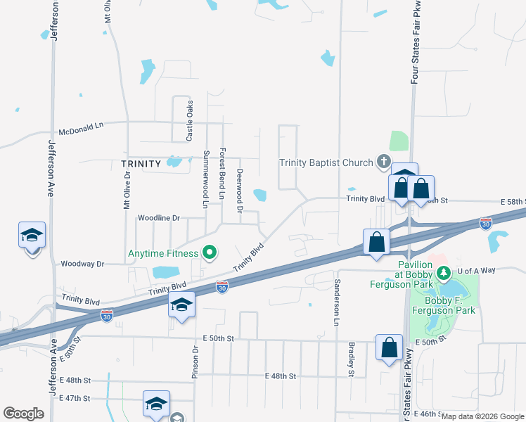 map of restaurants, bars, coffee shops, grocery stores, and more near 5604 Ramblewood Road in Texarkana