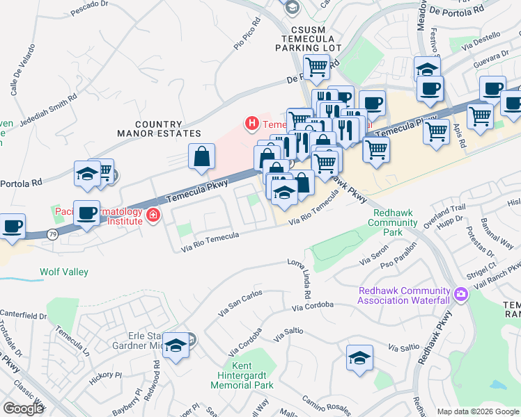 map of restaurants, bars, coffee shops, grocery stores, and more near 44663 Clover Lane in Temecula