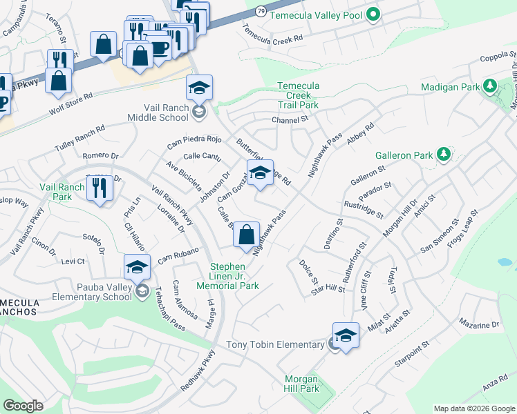 map of restaurants, bars, coffee shops, grocery stores, and more near 33551 Maplewood Court in Temecula