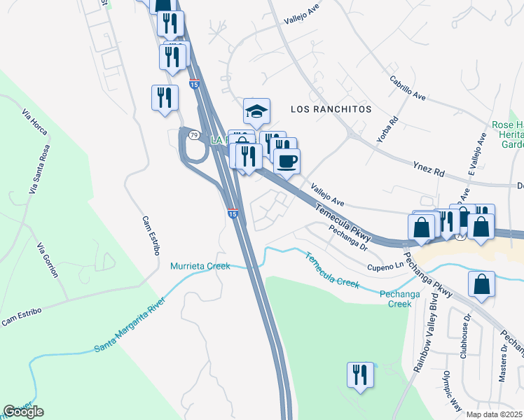 map of restaurants, bars, coffee shops, grocery stores, and more near 44689 La Paz Road in Temecula