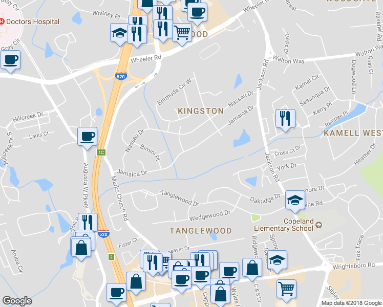 map of restaurants, bars, coffee shops, grocery stores, and more near 3618 Jamaica Drive in Augusta