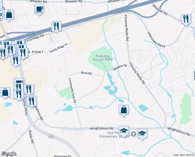 map of restaurants, bars, coffee shops, grocery stores, and more near 3906 Maddox Road in Augusta
