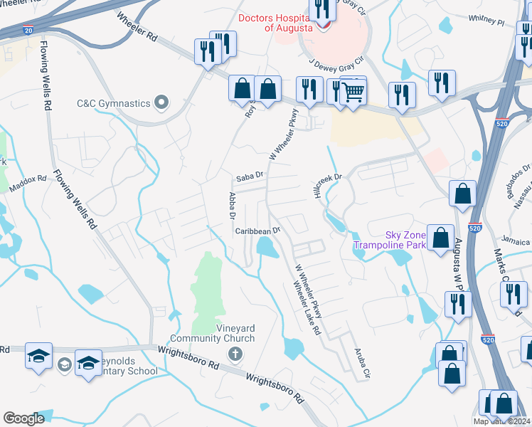 map of restaurants, bars, coffee shops, grocery stores, and more near 6201 Key West Drive in Augusta