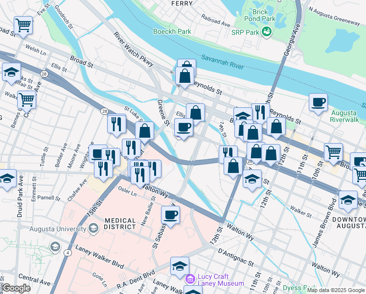 map of restaurants, bars, coffee shops, grocery stores, and more near 1450 Greene Street in Augusta