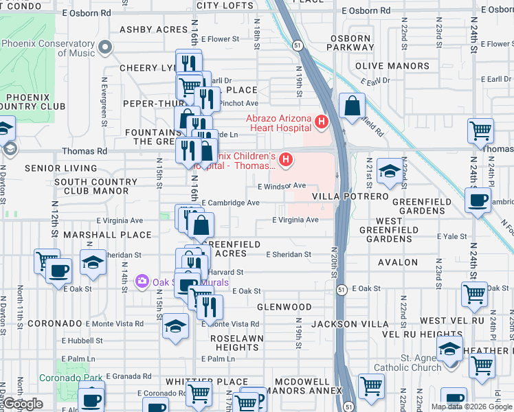 map of restaurants, bars, coffee shops, grocery stores, and more near 1736 East Virginia Avenue in Phoenix
