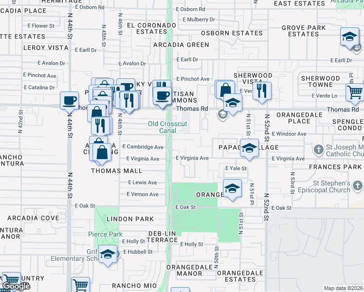 map of restaurants, bars, coffee shops, grocery stores, and more near 4840 East Virginia Avenue in Phoenix