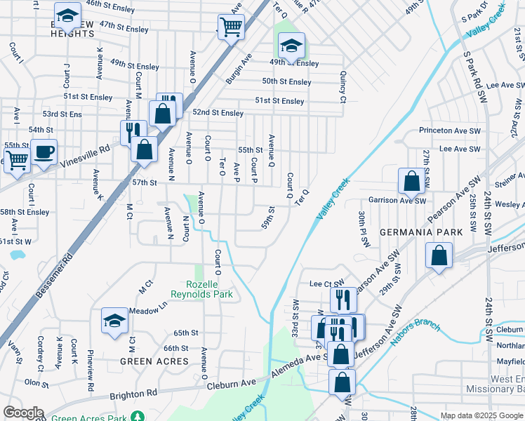 map of restaurants, bars, coffee shops, grocery stores, and more near 5813 Avenue Q in Birmingham
