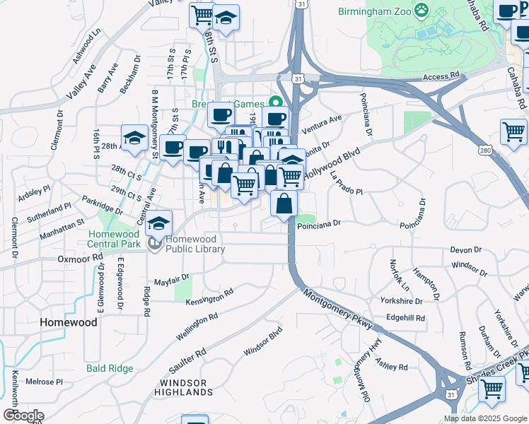 map of restaurants, bars, coffee shops, grocery stores, and more near 1900 Courtney Drive in Birmingham