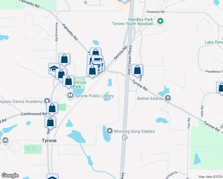 map of restaurants, bars, coffee shops, grocery stores, and more near 290 Valleywood Road in Tyrone