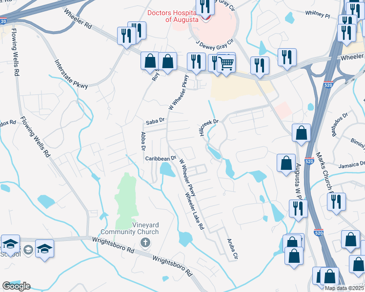 map of restaurants, bars, coffee shops, grocery stores, and more near 5035 Sanctuary Drive in Augusta