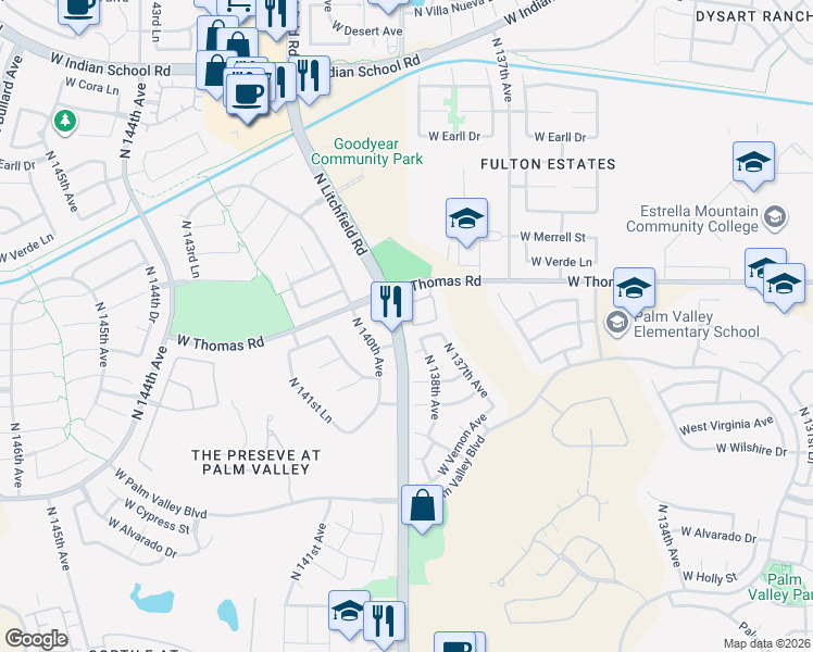 map of restaurants, bars, coffee shops, grocery stores, and more near 13784 West Roanoke Avenue in Goodyear