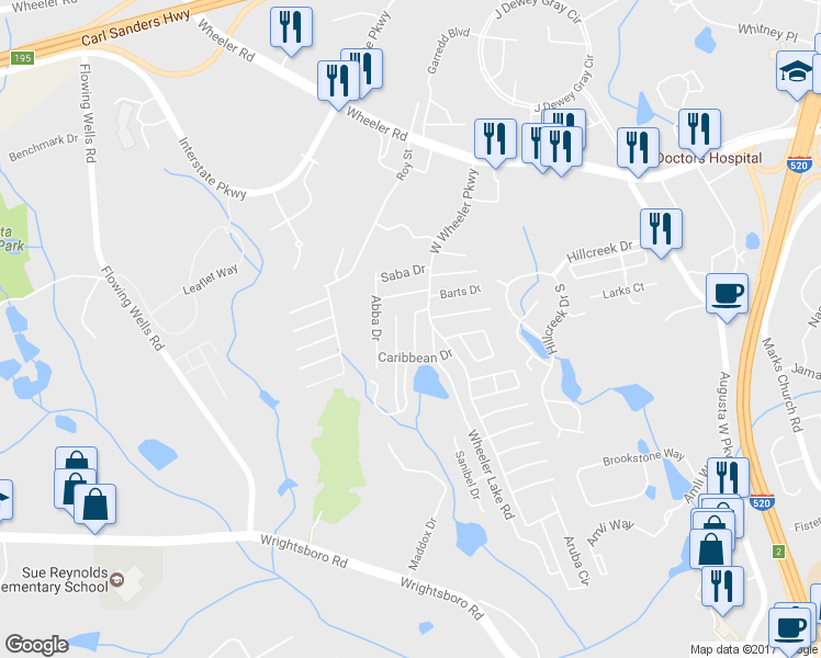 map of restaurants, bars, coffee shops, grocery stores, and more near 1023 Old Marks Drive in Augusta