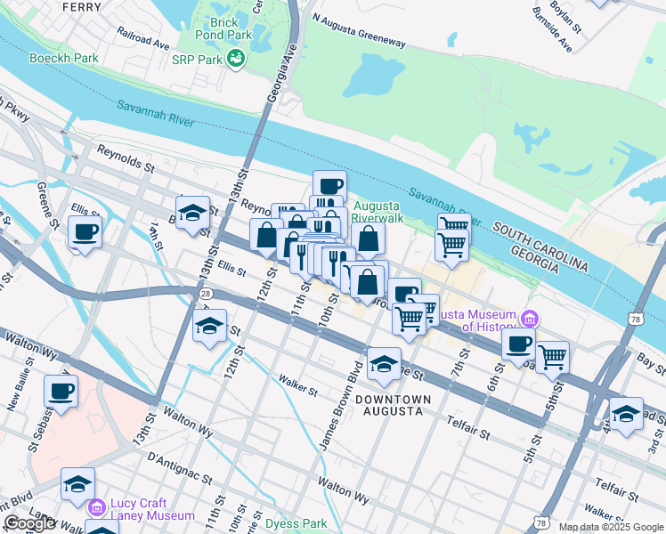 map of restaurants, bars, coffee shops, grocery stores, and more near 1019 Broad Street in Augusta