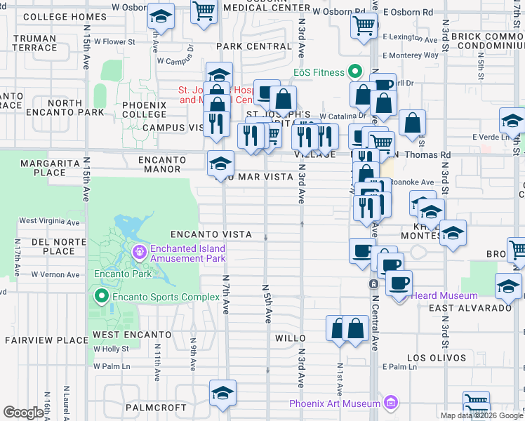map of restaurants, bars, coffee shops, grocery stores, and more near 344 Virginia Avenue in Phoenix
