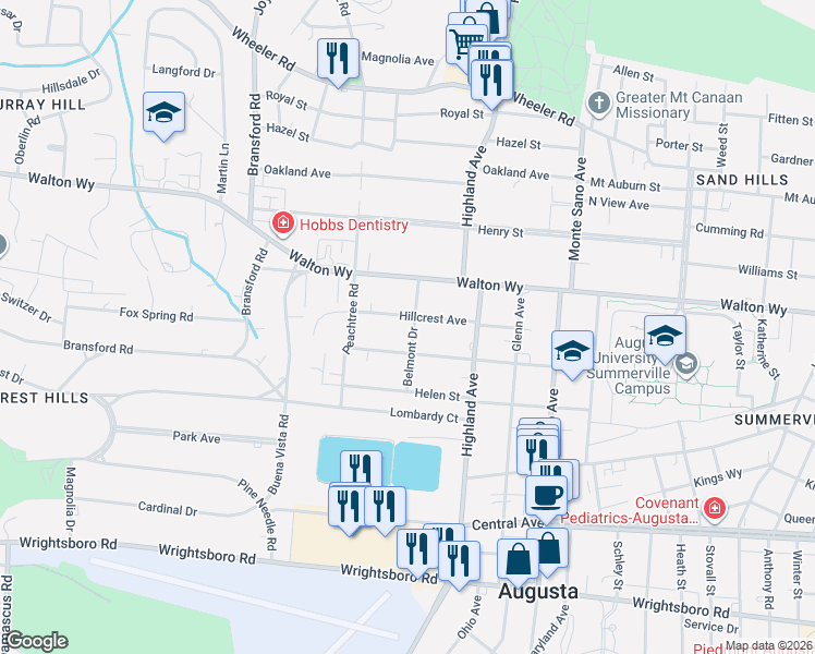 map of restaurants, bars, coffee shops, grocery stores, and more near 1131 Belmont Drive in Augusta