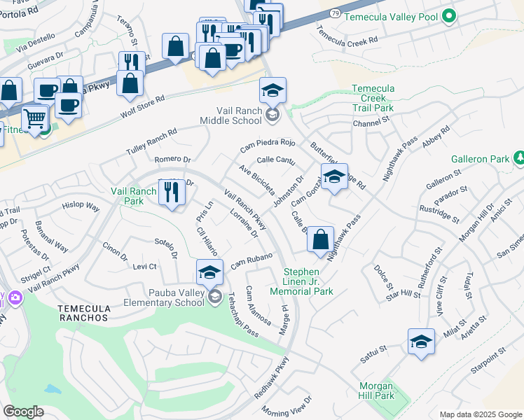 map of restaurants, bars, coffee shops, grocery stores, and more near 44743 Johnston Drive in Temecula