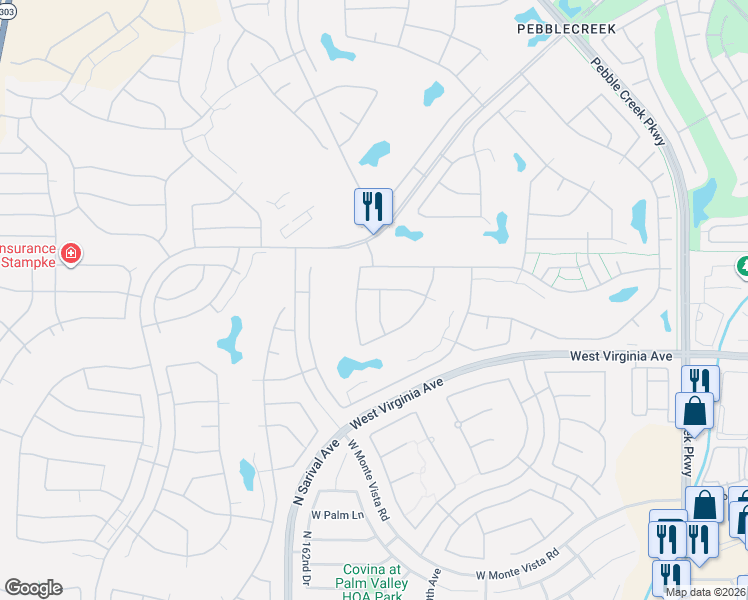 map of restaurants, bars, coffee shops, grocery stores, and more near 2649 North 161st Avenue in Goodyear