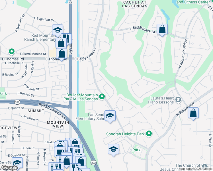 map of restaurants, bars, coffee shops, grocery stores, and more near 3342 North Boulder Canyon in Mesa