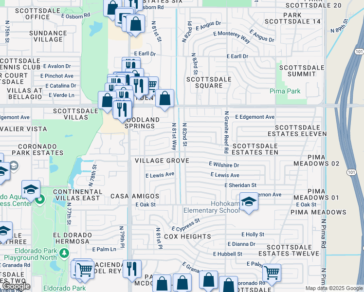map of restaurants, bars, coffee shops, grocery stores, and more near 2557 North 81st Way in Scottsdale