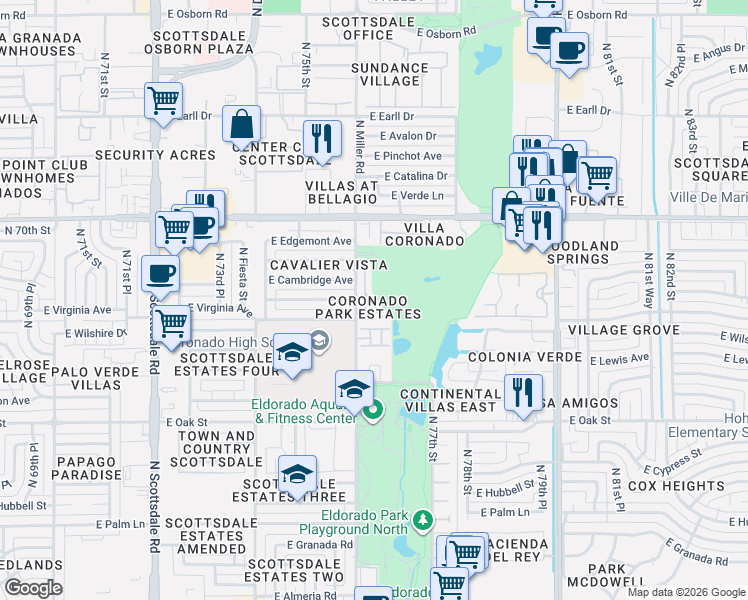 map of restaurants, bars, coffee shops, grocery stores, and more near 2647 North Miller Road in Scottsdale