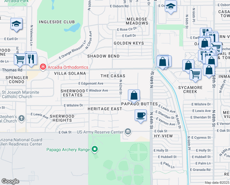 map of restaurants, bars, coffee shops, grocery stores, and more near 6150 East Cambridge Avenue in Scottsdale
