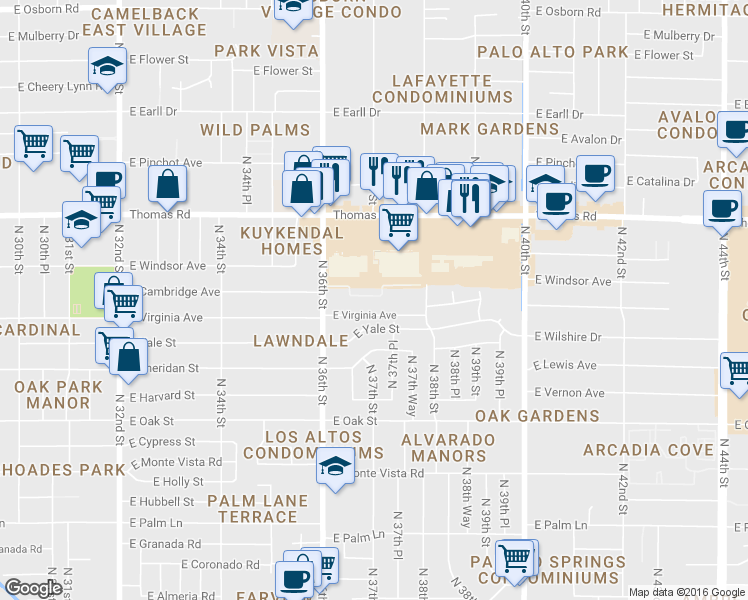 map of restaurants, bars, coffee shops, grocery stores, and more near 3710 East Yale Street in Phoenix