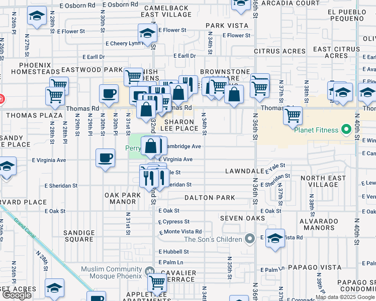 map of restaurants, bars, coffee shops, grocery stores, and more near 3330 East Virginia Avenue in Phoenix