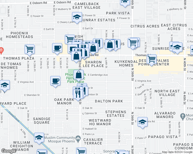 map of restaurants, bars, coffee shops, grocery stores, and more near 3330 East Virginia Avenue in Phoenix