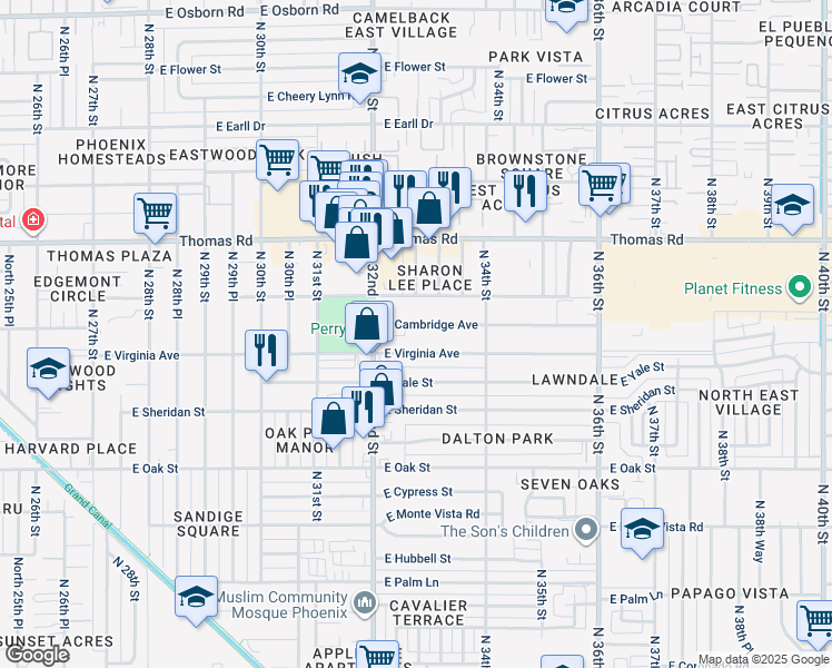map of restaurants, bars, coffee shops, grocery stores, and more near 3242 East Virginia Avenue in Phoenix